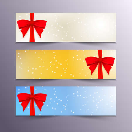 Chrismtas and New Year banners set with snowflakes and red bows on blue, yellow and white background. Vector illustrationのイラスト素材