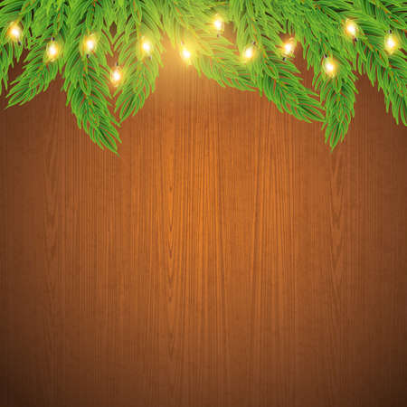 Christmas or New Year garland string with fir branches on brown wooden background. Vector poster for winter holidaysのイラスト素材