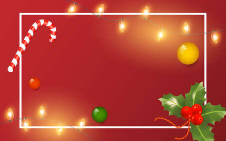 Christmas and New Year greeting card with lights frame and toys on red background. Vector winter postcard, poster or banner templateのイラスト素材