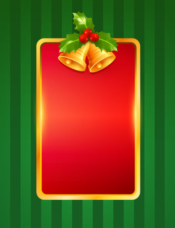 Merry Christmas and Happy New Year greeting card. Vector postcard with gold frame, Christmas bell, red berries and green backgroundのイラスト素材