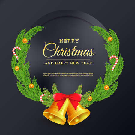 Vector Christmas wreath. Christmas or New Year frame with fir branches and bell isolated on black background. Winter postcardのイラスト素材