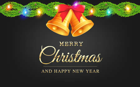 Vector Christmas and New Year greeting card with bells, Christmas lights and fir branches isolated on black background. Winter postcardのイラスト素材
