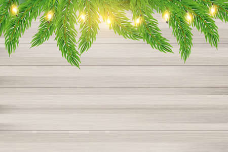 Vector fir branches and Christmas lights on wooden background. Realistic garland for New Year Holiday cards, banners, postersのイラスト素材