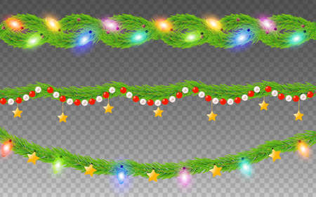 Christmas or New Year garland string with fir branches and light bulbs. Winter chaplet on transparent background. Vector decorationのイラスト素材
