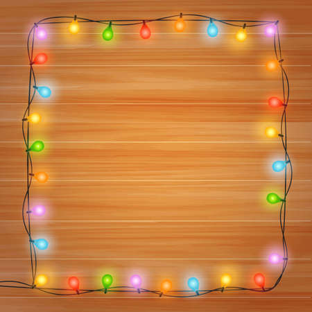 Christmas and New year background. Wooden planks with lighting garland festive decoration. Vector strings of colorful round lampsのイラスト素材