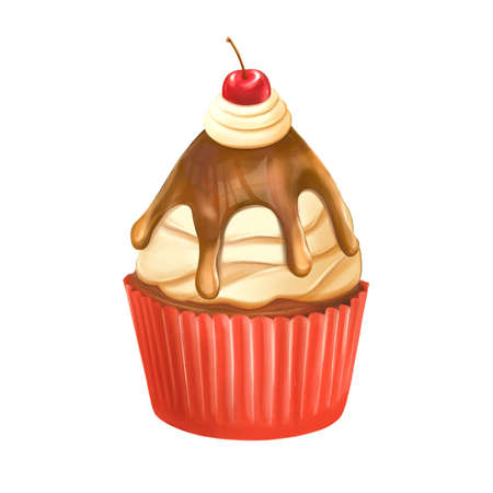 Cupcake with cream and cherry. Delicious dessert isolated on white background. Vector tracing eps10のイラスト素材