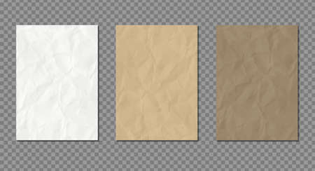 Crumpled paper set vector background. Realistic textured recycled paper collection. White and brown pages isolated on transparent backgroundのイラスト素材