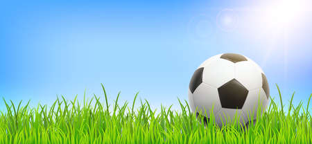 Football background with soccer ball, grass and sky. Vector realistic summer field for poster, banner, flyer. Vector illustration EPS10のイラスト素材