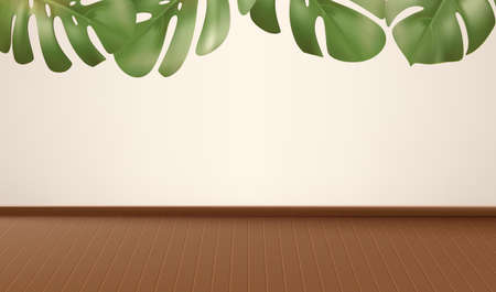 Abstract minimal scene with brown wooden floor, white wall and monstera leaves. Vector showcase posterのイラスト素材
