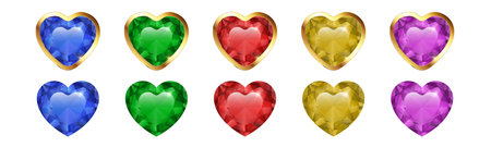 Vector Diamond heart icon set for Valentine's day, holiday, birthday gift. Faceted ruby, jewel gem in the shape of heartのイラスト素材