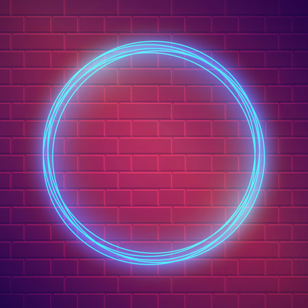 Abstract blue neon round frame on dark purple brick wall background. Vector illustration EPS10のイラスト素材