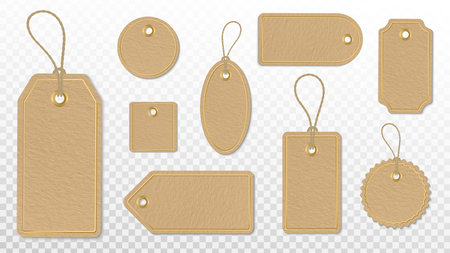 Sale tag label vector set template. Brown cardboard tags for discount retail. Paper labels with golden frames and rope. vector illustrationのイラスト素材