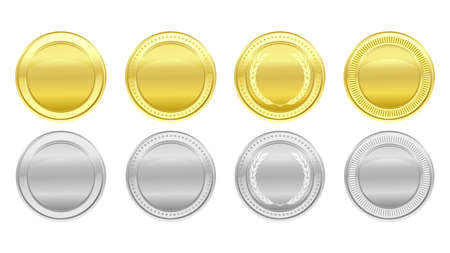 Gold and silver coin collection. Medals logo set. Shiny round awards. Luxury blank frames, decoration emblems. Isolated abstract graphic design templateのイラスト素材