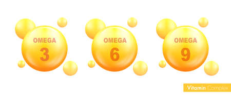 Vector Omega three six and nine fish oil pills. Acid epa dha 3, 6 and 9 for health and skin care. Vitamin nutrient bubblesのイラスト素材