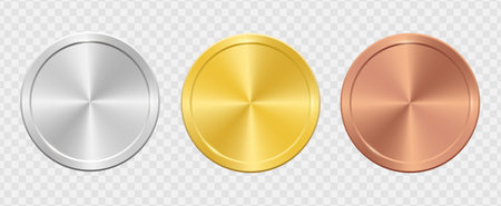 Medals vector collection. Set of shiny round awards in gold, silver and bronze colors. Luxury frames, decoration emblems. Isolated abstract graphic design templateのイラスト素材