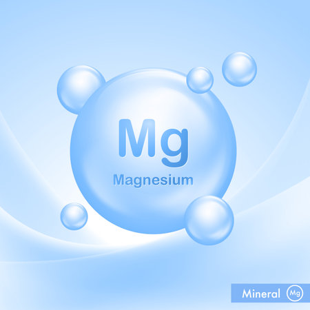 Mineral Mg Magnesium blue shining pill capcule icon . Vitamin complex substance drop. Meds for heath ads. vector illustrationのイラスト素材