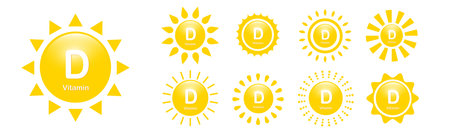 Vitamin D icons set with Sun. Vector D3 signs. Flat design elements illustrationのイラスト素材