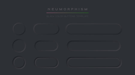 Black buttons vector set. Neumorphic design style. Realistic modern ui buttons collection. Elements for Application or Web designのイラスト素材