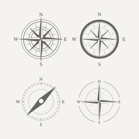 Vintage compass vector icons. Set of antique simple compass symbols for map navigationのイラスト素材