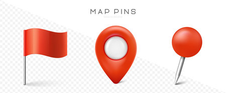 Pin set with shadow. Map marks for gps point. Vector 3d red plastic pushpins or board tacks for paper notice isolated on transparent backgroundのイラスト素材