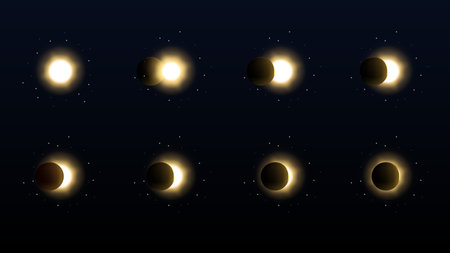 Solar eclipse in different phases. Cosmos with moon and sun in total and partial solar eclipse and stars isolated on transparent background, vector realistic illustrationのイラスト素材