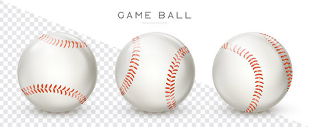 Baseball leather Balls set. Vector realistic softball icons. Sport game equipment isolated on transparent backgroundのイラスト素材