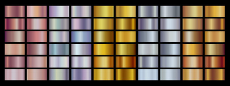 gradient vector set. Silver, gold, bronze, rose gold, neon gradients. Steel Metal background templates. Foil texture EPS10のイラスト素材