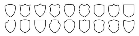 Black shield frame set. Collection of shield signs vector template. Empty outline icons. Logo design set, flat style vector illustrationのイラスト素材