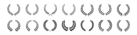 Set of black circular foliate laurel branches. Laurel wreath. Silhouette vintage laurel wreaths collection. Heraldic trophy crest. Greek olive branch award, winner round emblemのイラスト素材