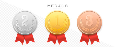 Gold, Silver, Bronze medals set Vector. Metal realistic badge with First, Second, Third placement Achievement. Round Label With Red Ribbon. Winner prize. competition trophyのイラスト素材