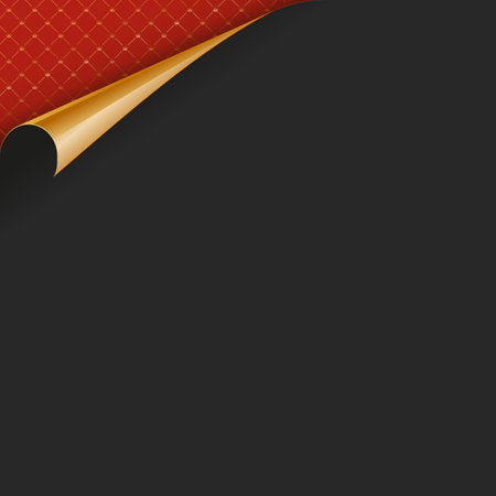 Black paper with golden curled corner and red backing for greeting card, banner. Vector illustrationのイラスト素材