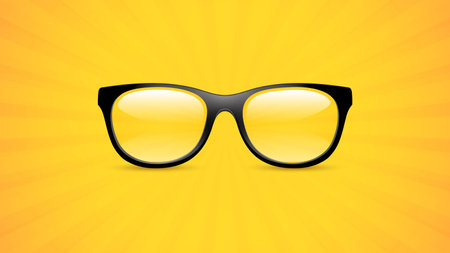 Realistic eyeglasses on yellow background. Eye glasses banner. Modern hipster eyewear with transparent lens. 3d vector illustrationのイラスト素材