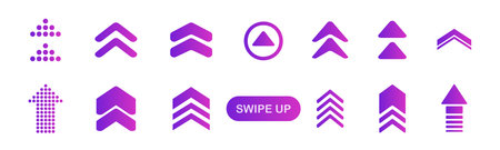 Swipe up button set for social media. Scroll up arrows. Buttons and web icons for social media...