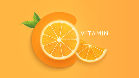 Vitamin C tablet banner ad with orange fruits. Citrus slices on simple orange background. Health, immunity and beauty concept. Vector Illustrationのイラスト素材