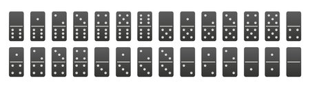 Realistic domino full set. Dominoes bones vector illustration. 28 black pieces for game graphic elementのイラスト素材