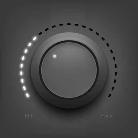 Volume knob. Switch button. Audio dashboard tumbler with stereo control scale. Realistic radio levels tuner. Amplifier or mixer. Recorder regulator. Vector illustrationのイラスト素材