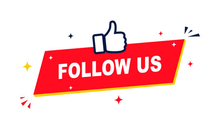 Follow us icon with hand in red badge. Vector illustrationのイラスト素材