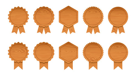 Wooden medal set with ribbon. Wood award badges. Vector seal collection in cartoon styleのイラスト素材