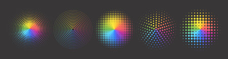 Abstract rainbow color circles with dots texture. Round dotted frames set with multi color gradient....