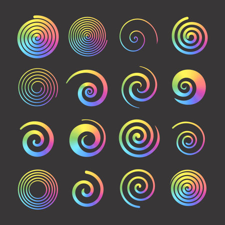 Set of rainbow color spirals. Abstract swirl shapes with bright multi color gradient. Twisting...