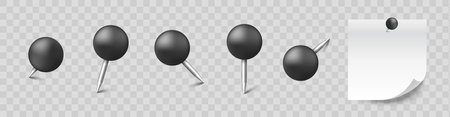 Realistic set with paper pins. Black pin for paper attach. Vector EPS 10のイラスト素材