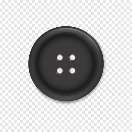 Realistic black clothes button with four holes. Sewing item decoration design. Cloth craft accessories element. Vector EPS 10のイラスト素材