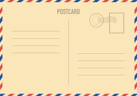 Realistic blank postcard template with place for stamp. Beige paper postcard with red and blue border. Vector EPS 10のイラスト素材