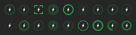 Lightning bolts icons isolated on black background. Green battery and power symbol, flash thunderbolt. Vector illustrationのイラスト素材