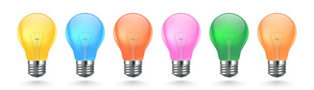 Different color light bulb set isolated on white background. Realistic vector illustrationのイラスト素材