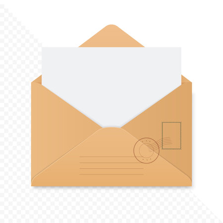 Realistic open brown envelope with blank letter inside. Vector illustrationのイラスト素材