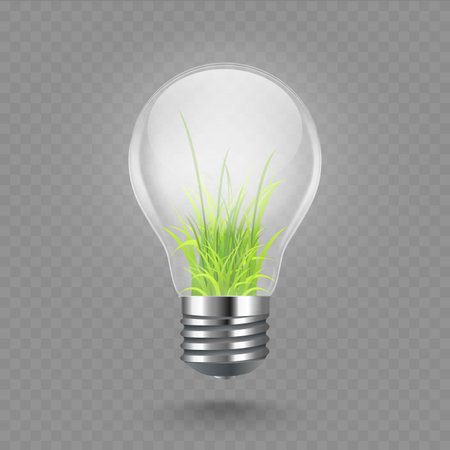 Realistic light bulb with green grass inside. Symbol of eco-friendly energy, clean power. Vector illustrationのイラスト素材