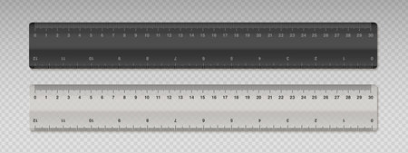 Set of realistic rulers 30 cm length. Plastic black and transparent ruler. School supplies and equipment. Measuring tool with double side scale. Vector illustrationのイラスト素材