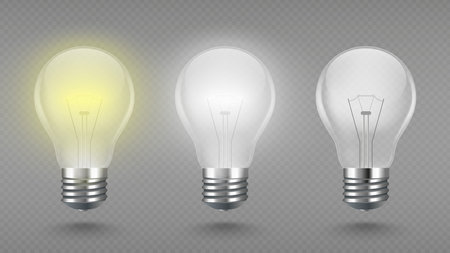 Realistic light bulb with glow effect and turned off electric lamp. Symbol of energy, inspiration, innovation. Vector illustrationのイラスト素材