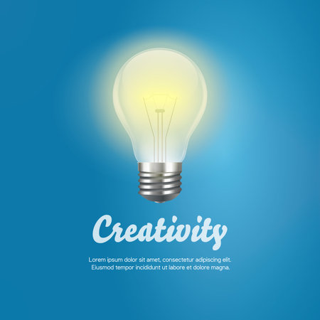 Glowing light bulb on blue background. Realistic lightbulb vector illustration. Symbol of creativity, inspiration and bright ideasのイラスト素材